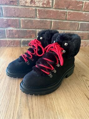Sugar Black Faux Fur Combat Ankle Boots Red Laces Size 6  NWOT Never Worn